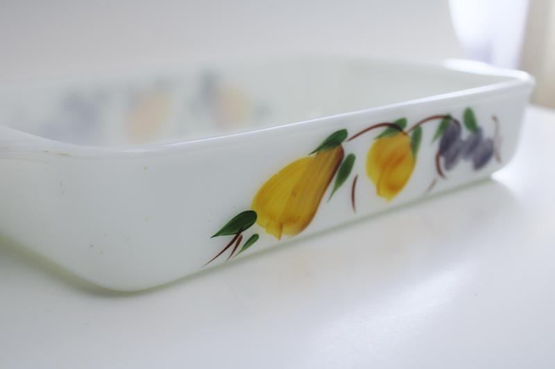vintage Fire King Anchor Hocking milk glass baking pan w/ hand painted fruit