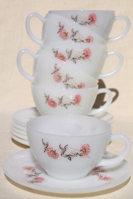 vintage Fire King Fleurette pink flowers milk glass dishes, dinner plates, cups & saucers