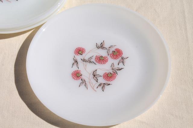 vintage Fire King Fleurette pink flowers milk glass dishes, dinner plates, cups & saucers