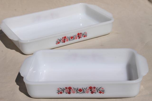 vintage Fire King milk glass baking pans, kitchen utility ware Primrose pink flowers