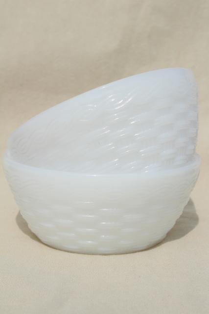 vintage Fire King milk glass cereal bowls, basketweave texture pattern