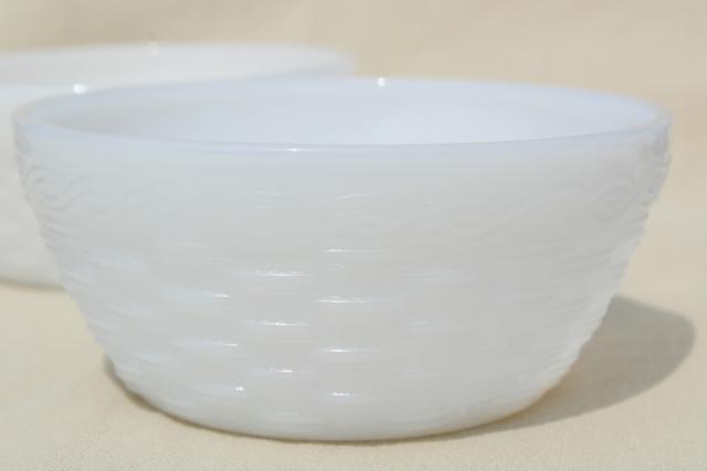vintage Fire King milk glass cereal bowls, basketweave texture pattern