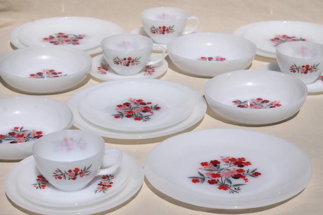 vintage Fire King milk glass dinnerware set for 4, Primrose pink flowers cottage chic