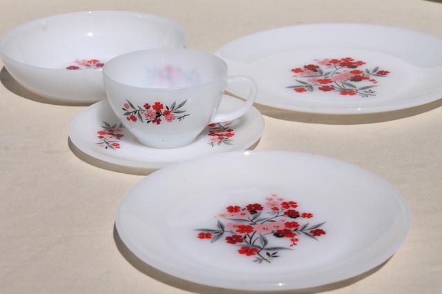 vintage Fire King milk glass dinnerware set for 6, Primrose pink flowers cottage chic