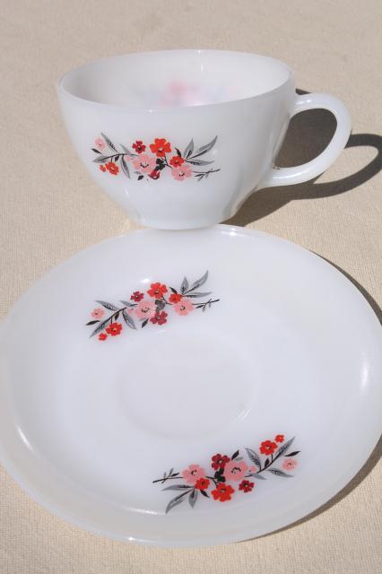 vintage Fire King milk glass dishes, Primrose pink flowers cups & saucers