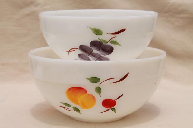 vintage Fire King milk glass mixing bowls w/ hand painted fruit Gay Fad studios