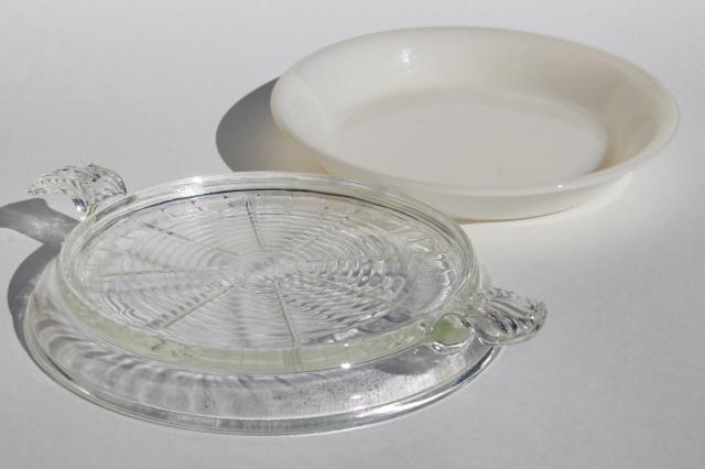 vintage Fire King milk glass pie plate, baking pan w/ tray handled serving trivet