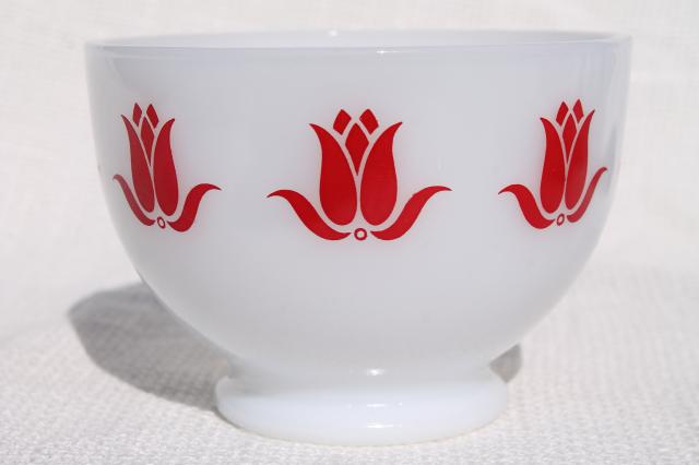 vintage Fire King tulip cottage cheese bowls, red & aqua flowers on milk glass