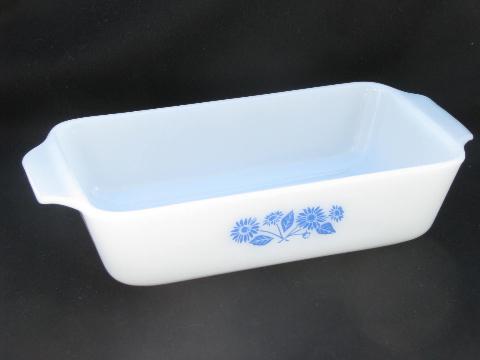 vintage Fire-King glass ovenware, blue flower cornflower pattern set