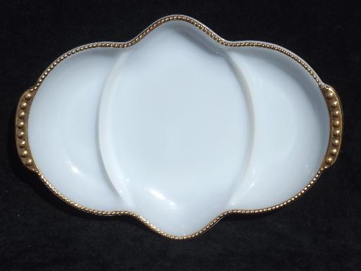 vintage Fire-King white w/ gold glass relish dish, divided serving bowl