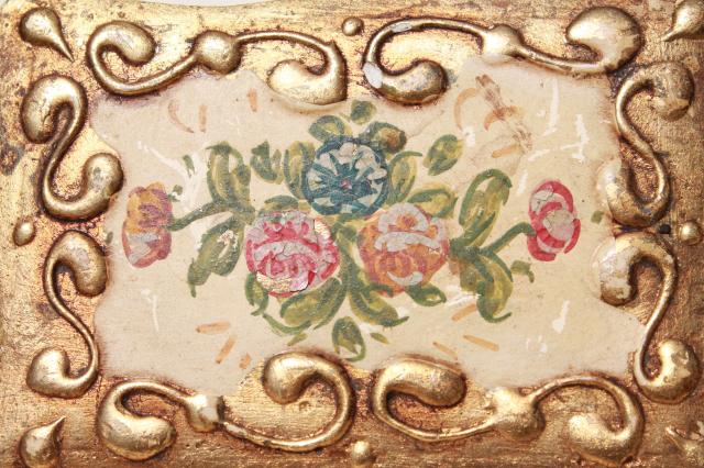 vintage Florentine gold gilt wood jewelry box, old paper label Florentia Italy