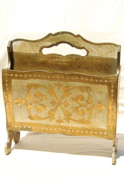 vintage Florentine gold & white wood magazine rack, sheet music holder or newspaper stand