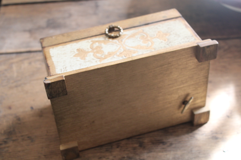 vintage Florentine gold wood jewelry box w/ romantic French print, music box keepsake chest