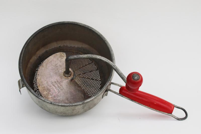 vintage Foley food mill w/ red painted wood handles, hand crank kitchen strainer