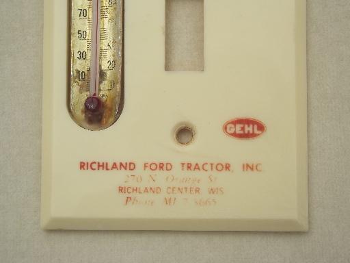 vintage Ford tractor advertising, 50s farm scene plastic frame thermometer