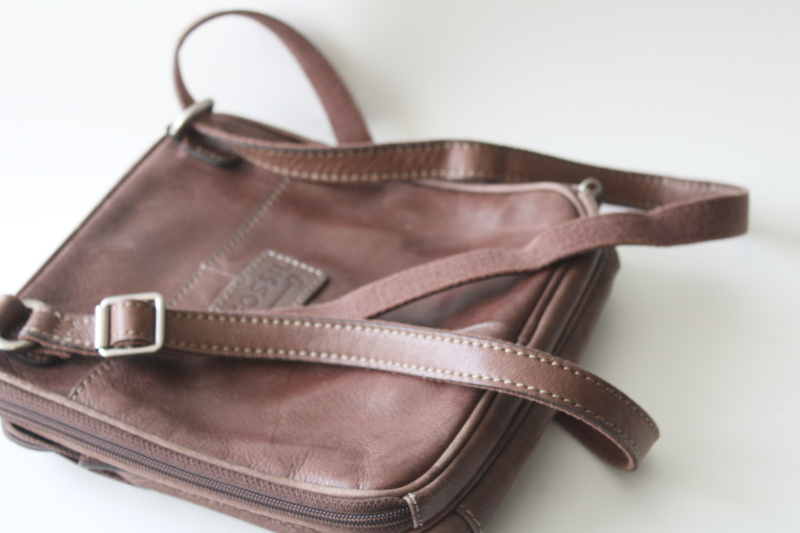 vintage Fossil crossbody bag, brown leather crosstown shoulder bag purse lots of pockets