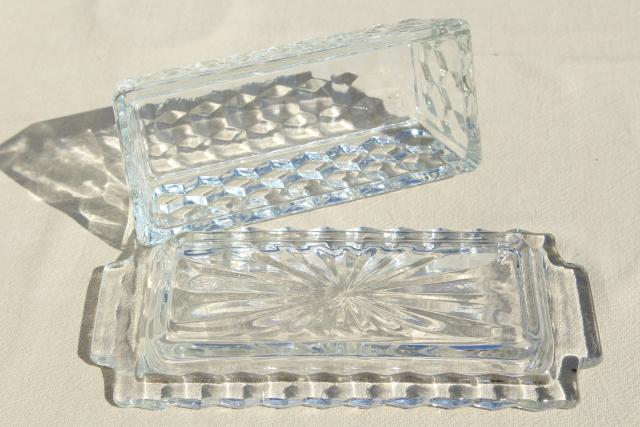 vintage Fostoria American covered butter dish, cube pattern cover & stick butter plate