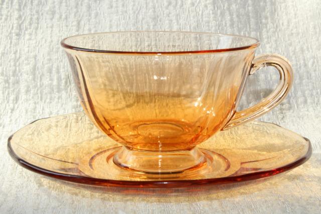 vintage Fostoria Fairfax cups & saucers set for 6, topaz amber glass