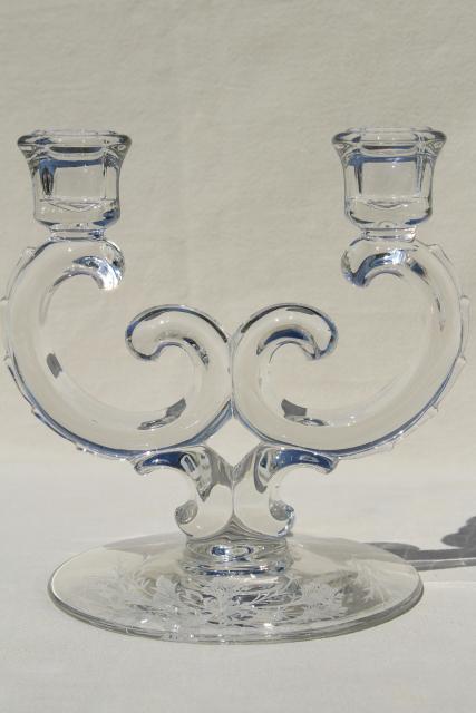vintage Fostoria Heather etched glass console bowl & pair branched candlesticks