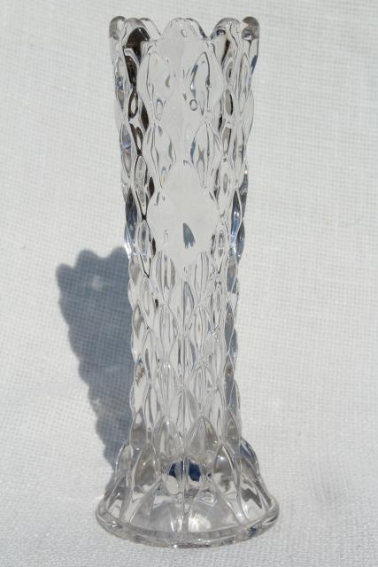 vintage Fostoria artichoke pattern glass vase, heavy crystal clear glass display vase w/ label space
