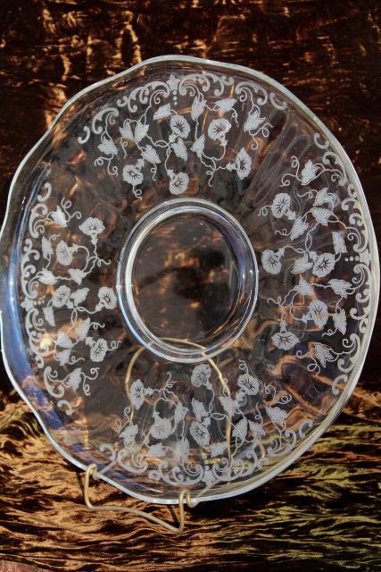 vintage Fostoria morning glory etch glass torte plate, cake plate w/ etched morning glories