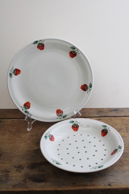 vintage French ironstone china berry basket bowl and plate, strawberries print