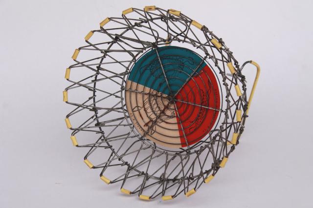 vintage French kitchen colander steamer basket w/ original label, folding collapsible wire basket