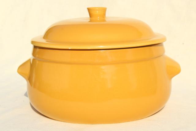 vintage French stoneware, Emile Henry - France casserole, mustard gold dish w/ lid