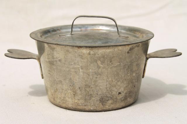 vintage French tin pot w/ heart shaped handles, beautiful old zinc color tinning