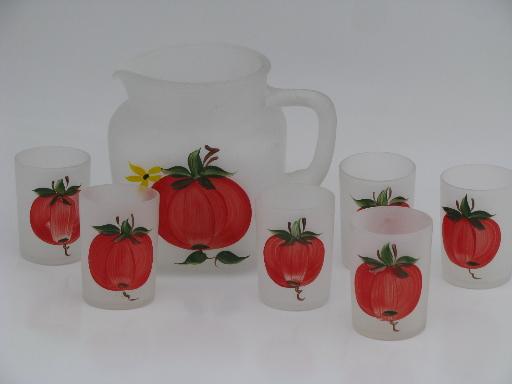 vintage Gay Fad frosted glass tomato juice set, hand-painted glasses and pitcher