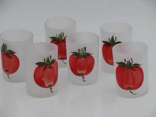 vintage Gay Fad frosted glass tomato juice set, hand-painted glasses and pitcher