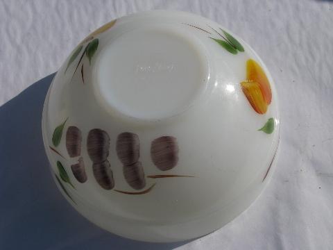 vintage Gay Fad hand-painted fruit pattern Fire-King glass bowl, fridge box
