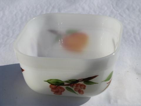 vintage Gay Fad hand-painted fruit pattern Fire-King glass bowl, fridge box