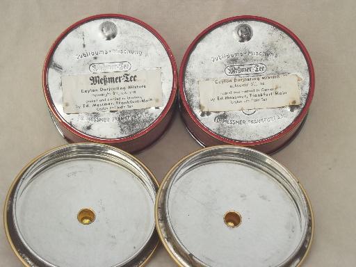 vintage German tea tins, round metal tea boxes in chinese red & gold