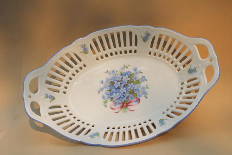 vintage Germany china oval bowl w/ forget-me-nots, reticulated border