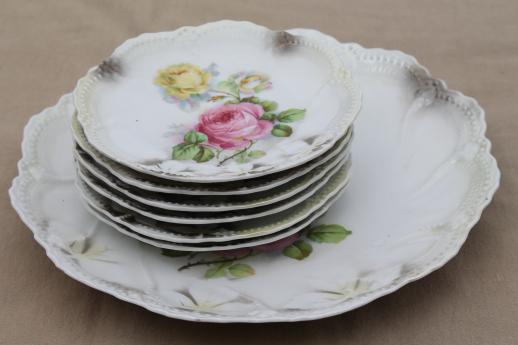 vintage Germany luster porcelain cake plates,& antique china dessert set w/ roses