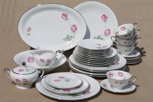 vintage Germany pink rose porcelain dinnerware set for 6, Danton china Lancaster pattern