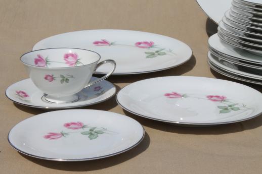 vintage Germany pink rose porcelain dinnerware set for 6, Danton china Lancaster pattern