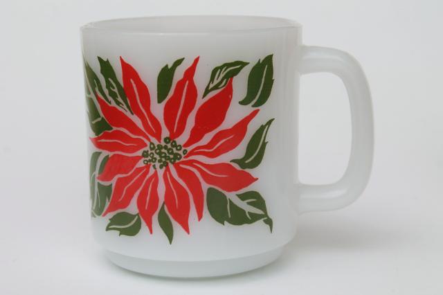 vintage Glasbake milk glass mugs, holiday Christmas poinsettias red & green