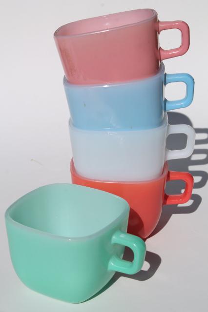 vintage Glasbake square mugs, Lipton's soup cups retro colors milk glass