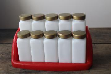 vintage Griffith milk glass spice jars set w/ metal shaker inserts  lids