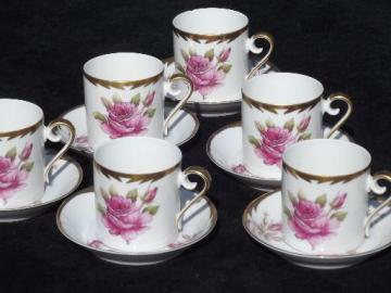 vintage Hackefors Sweden espresso set, pink rose demitasse cups and saucers