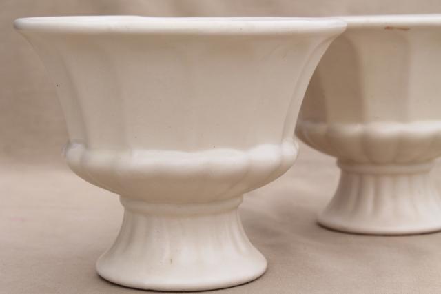 vintage Haeger pottery flower vases, pair matte ivory white ceramic classical urns
