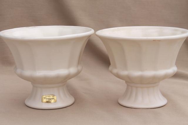 vintage Haeger pottery flower vases, pair matte ivory white ceramic classical urns