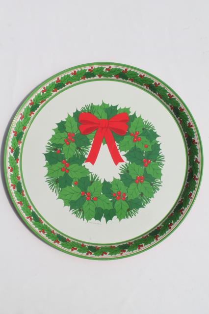 vintage Hallmark holiday tray, tin metal serving tray w/ Christmas wreath print