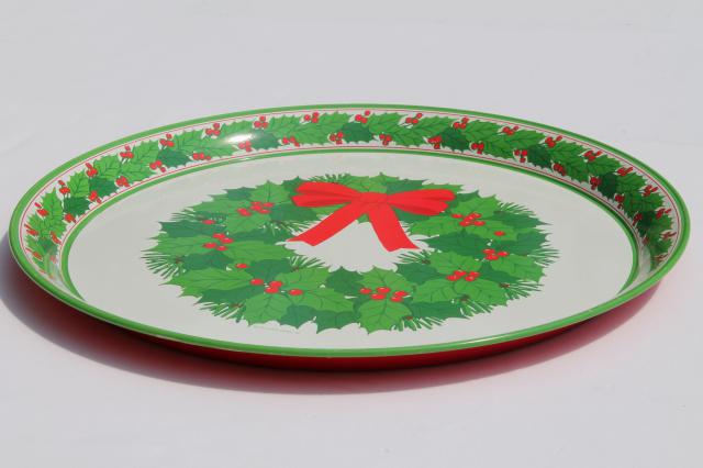 vintage Hallmark holiday tray, tin metal serving tray w/ Christmas wreath print