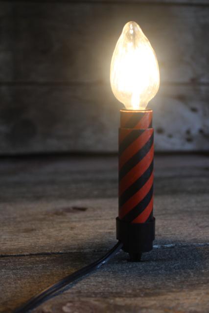 vintage Halloween black & orange striped cardboard candle, electric light for jack-o-lantern pumpkin