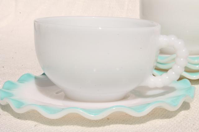 Vintage Hazel Atlas Crinoline Aqua Blue Ripple Milk Glass Cups Saucers