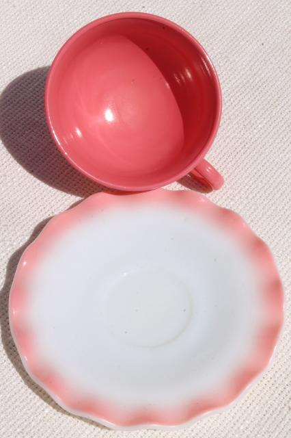 Vintage Hazel Atlas Crinoline Pink Ruffle Ripple Milk Glass Cups Saucers