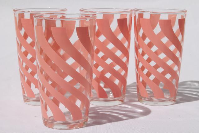 vintage Hazel Atlas glass tumblers, pink swirl print drinking glasses crinoline pattern go-along